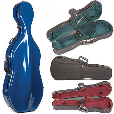 Three different instrument cases on a white background