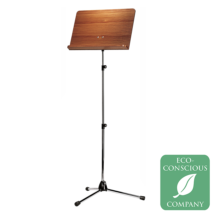 K&M Tall Orchestra Music Stand, Walnut Wood Desk/Chrome Steel Base