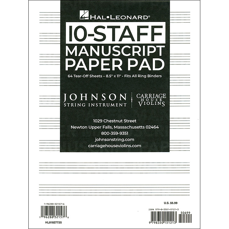 JSI/CHV Manuscript Paper Notepad, Black Cover, 8 1/2" x 11"