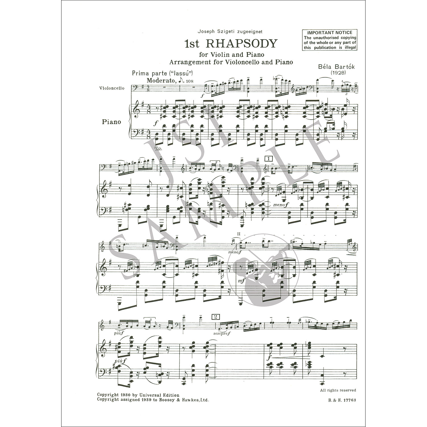 奏ページ First Rhapsody, Sz. 88 for cello and piano; Bela Bartok