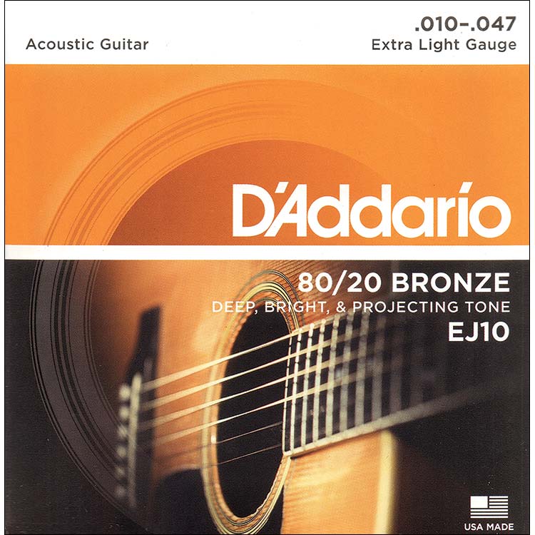 D'Addario EJ10 80/20 Bronze Acoustic Guitar String Set, Extra Light Gauge .010-.047