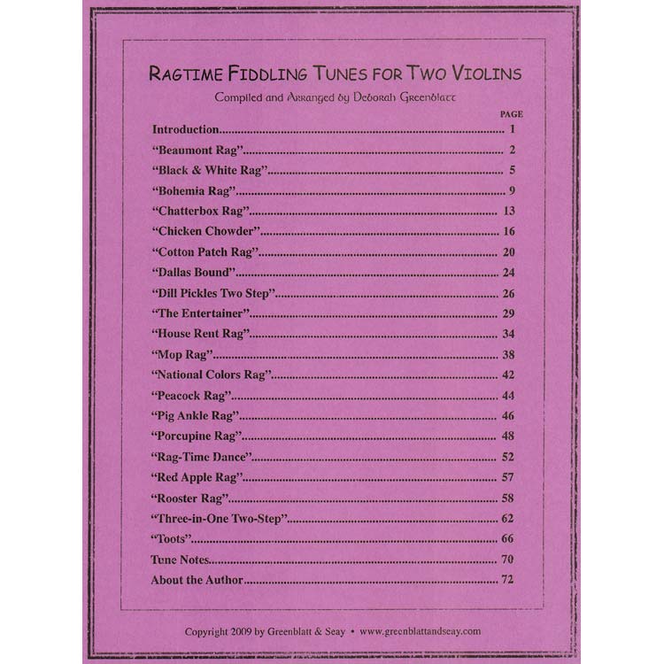 Ragtime Fiddling Tunes for 2 Violins, arranged by Deborah Greenblatt (Greenblatt & Seay)
