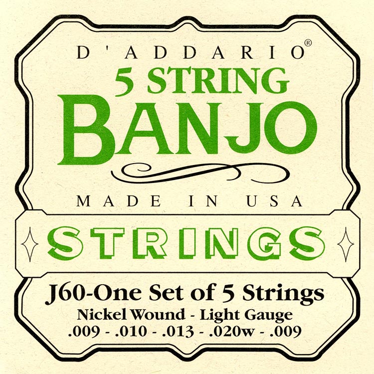 D'Addario EJ60 5-String Banjo Set Nickel Wound, Light (.009 .010 .013 .020w .009)
